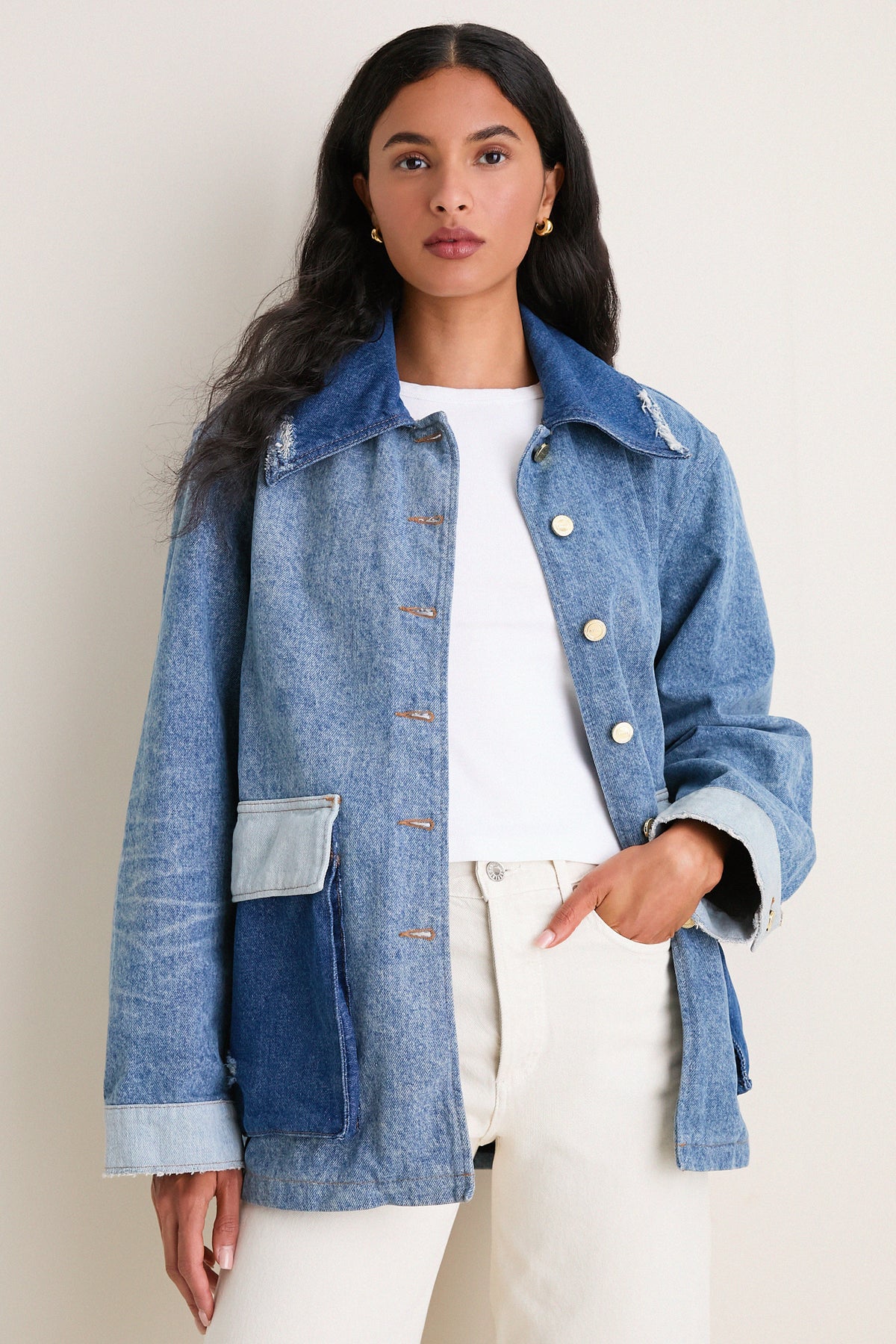 Mid Blue Vintage Patchwork Denim Midi Jacket