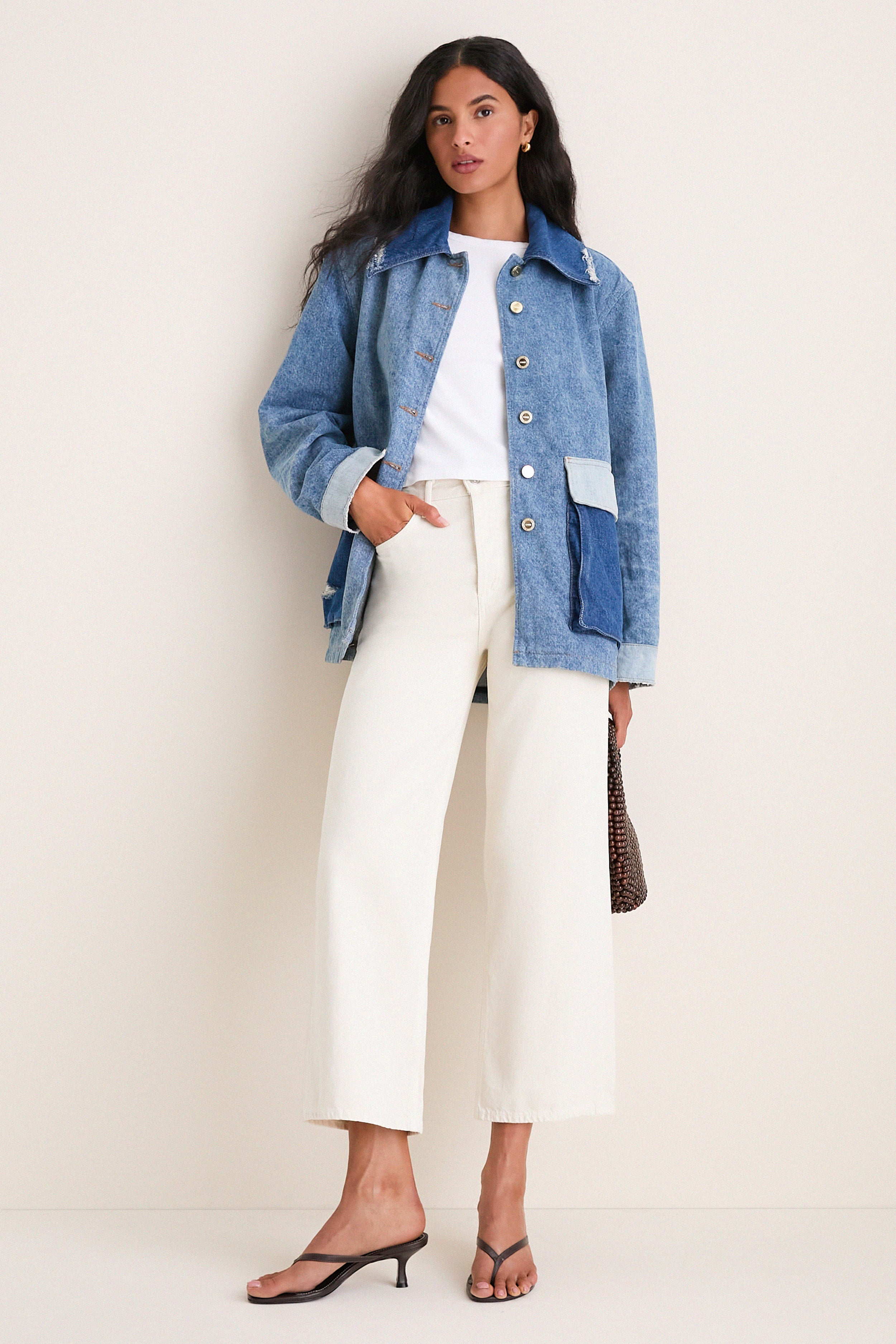 Mid Blue Vintage Patchwork Denim Midi Jacket