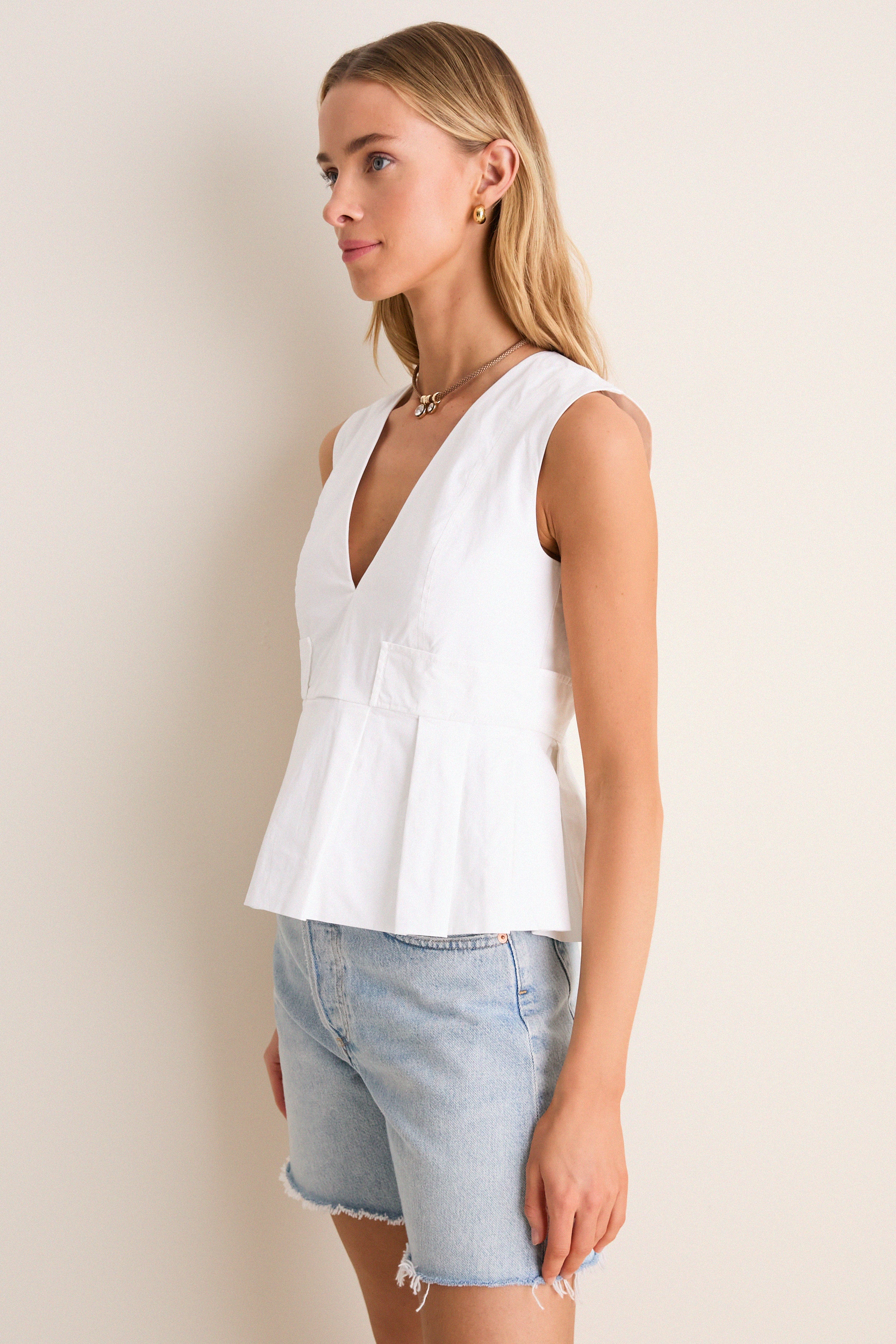 Bright White Stretch Cotton V-Neck Pocket Blouse