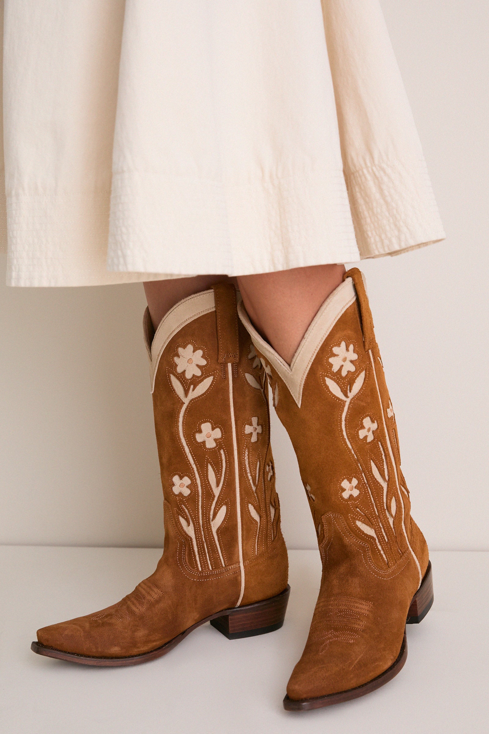THE GREAT. x Stetson Tan Floral Suede Cowboy Boot