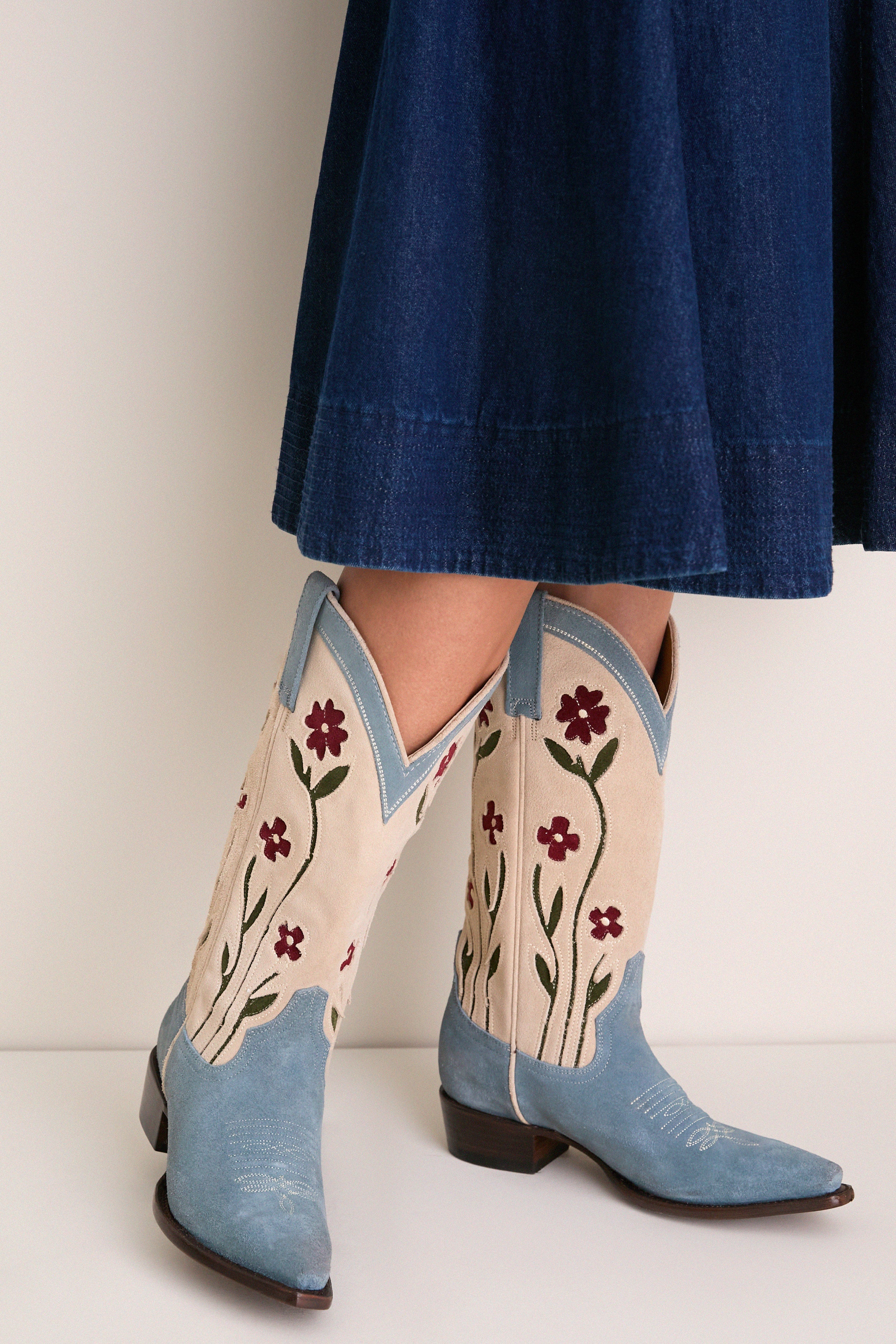 THE GREAT. x Stetson Washed Indigo Floral Cowboy Boot