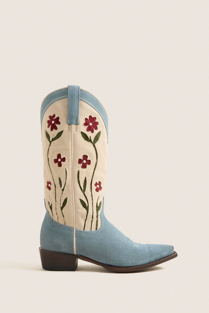 THE GREAT. x Stetson Washed Indigo Floral Cowboy Boot