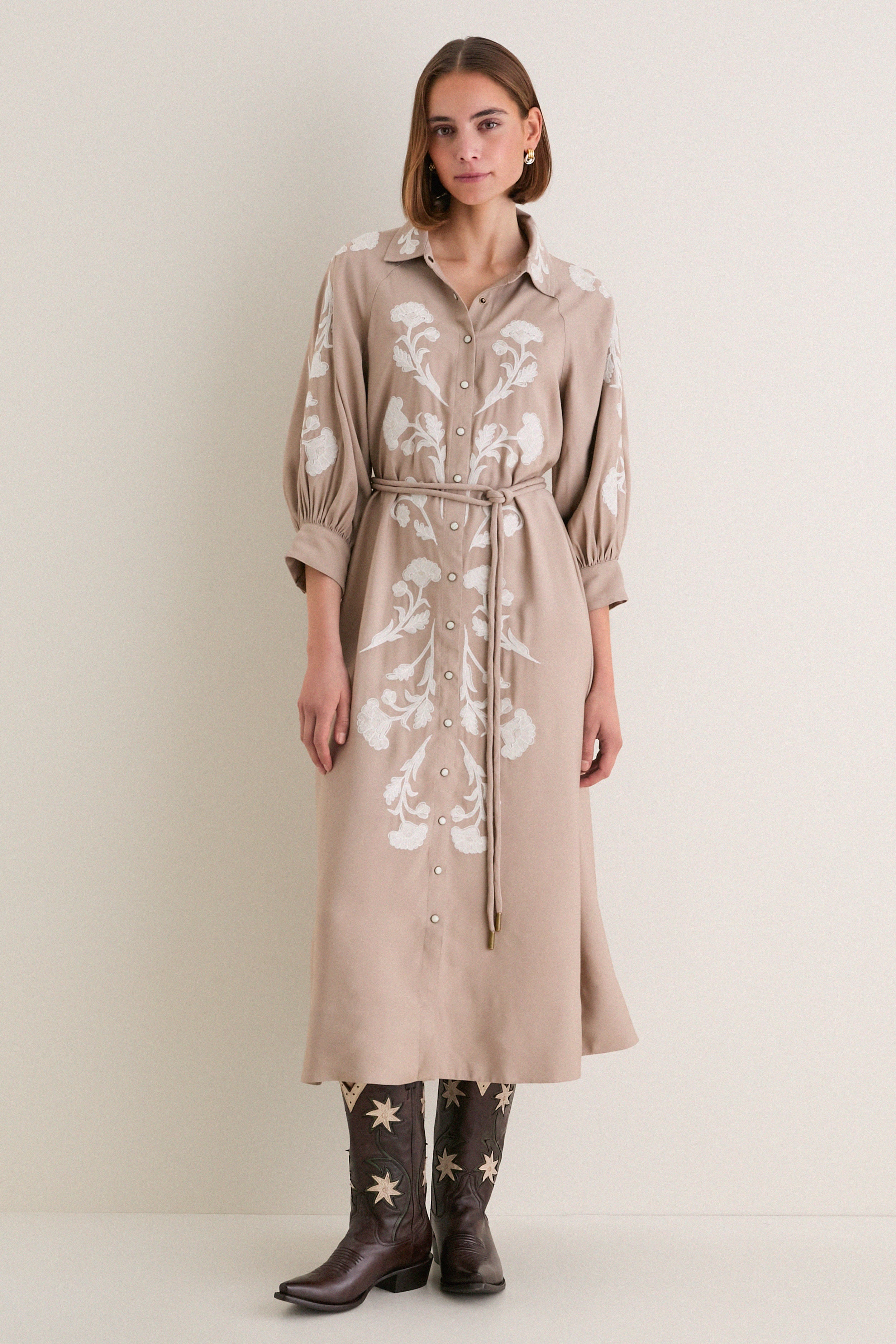 Soft Tan Western Embroidered Herd Dress