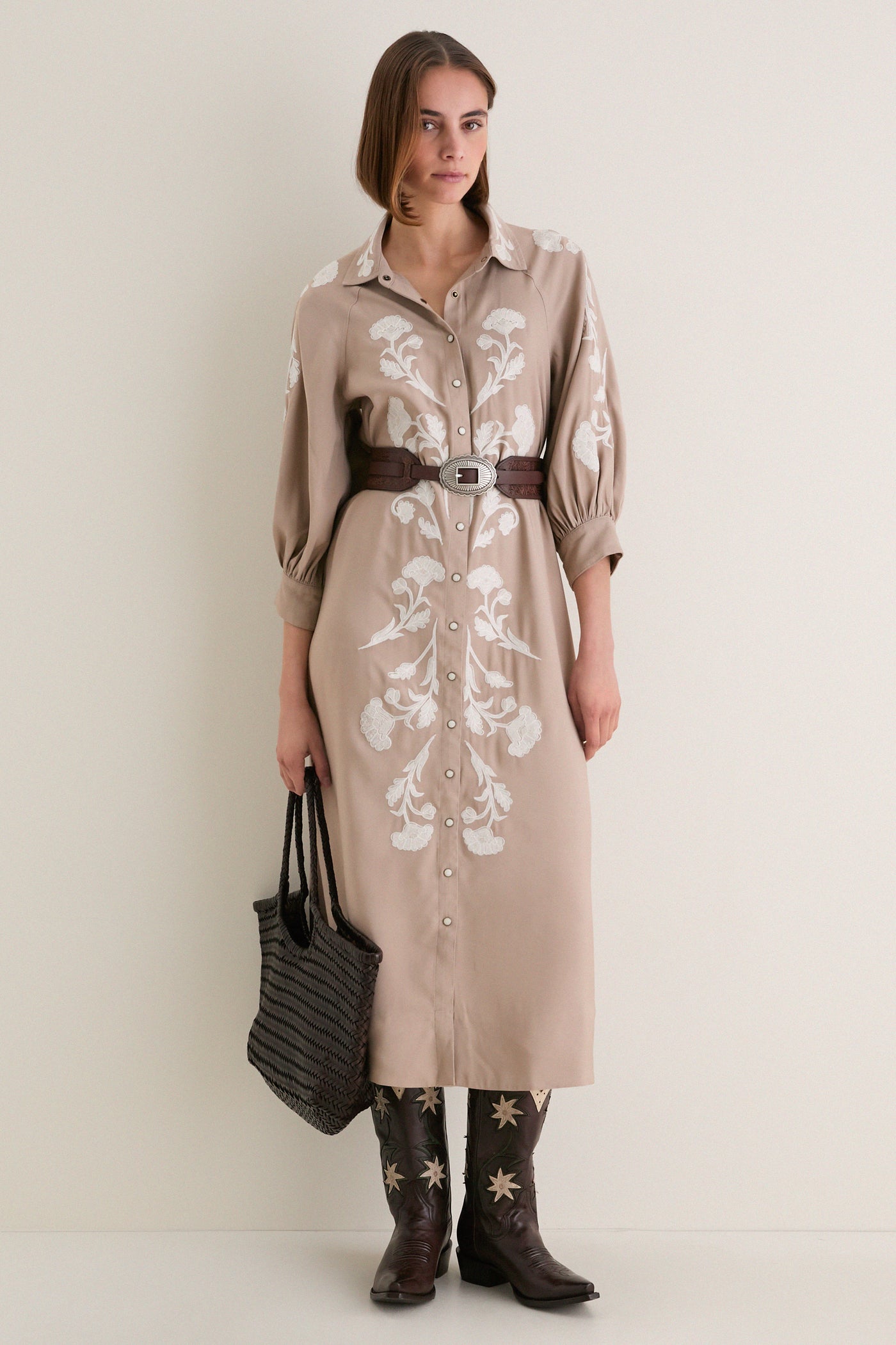 Soft Tan Western Embroidered Herd Dress