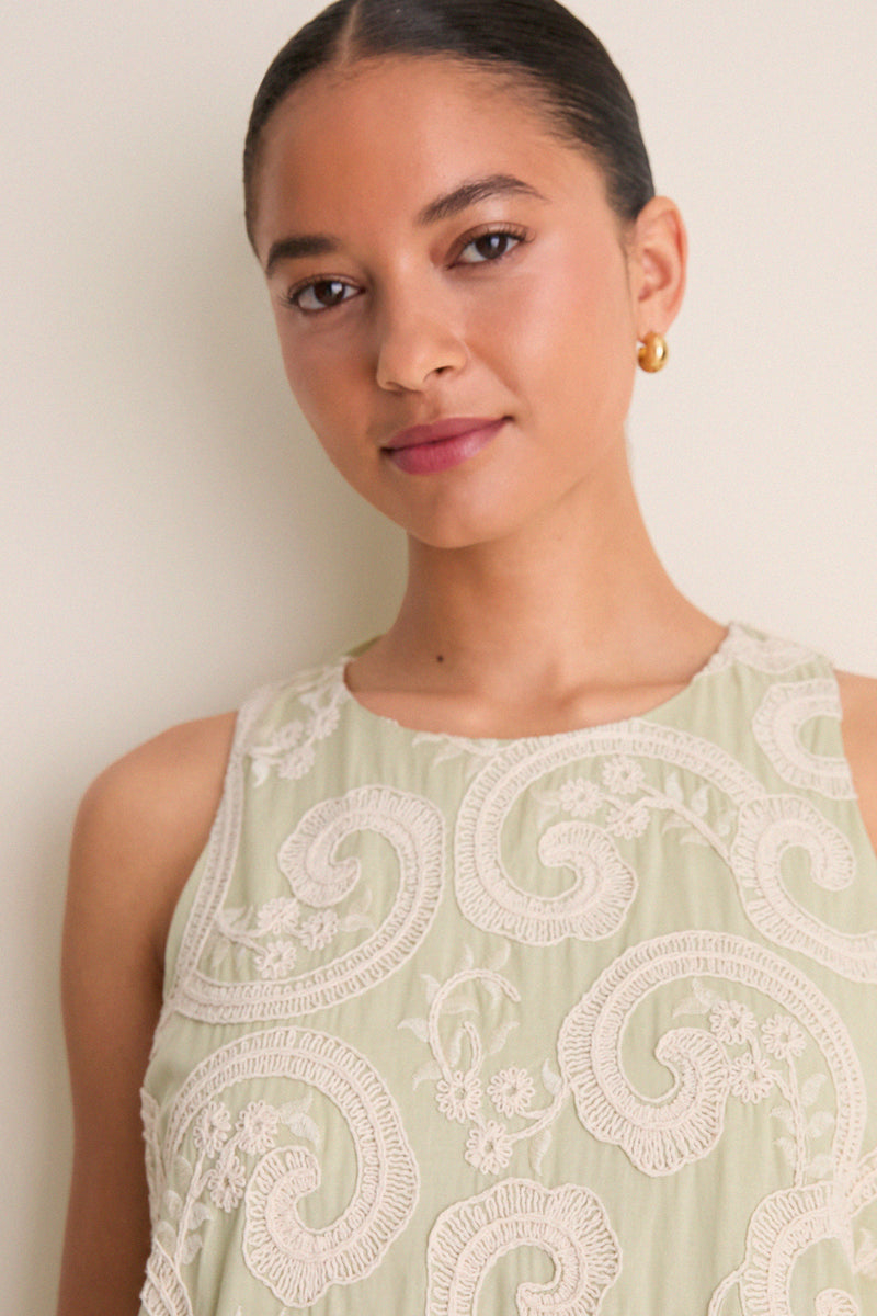 Celadon Scroll Embroidered Portia Dress