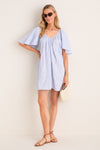 Saltwater Stripe Finn Dress: An effortless, classic mini with flutter sleeves and a gathered V-neckline, perfect for fun, high-end styling with sandals and a straw tote.