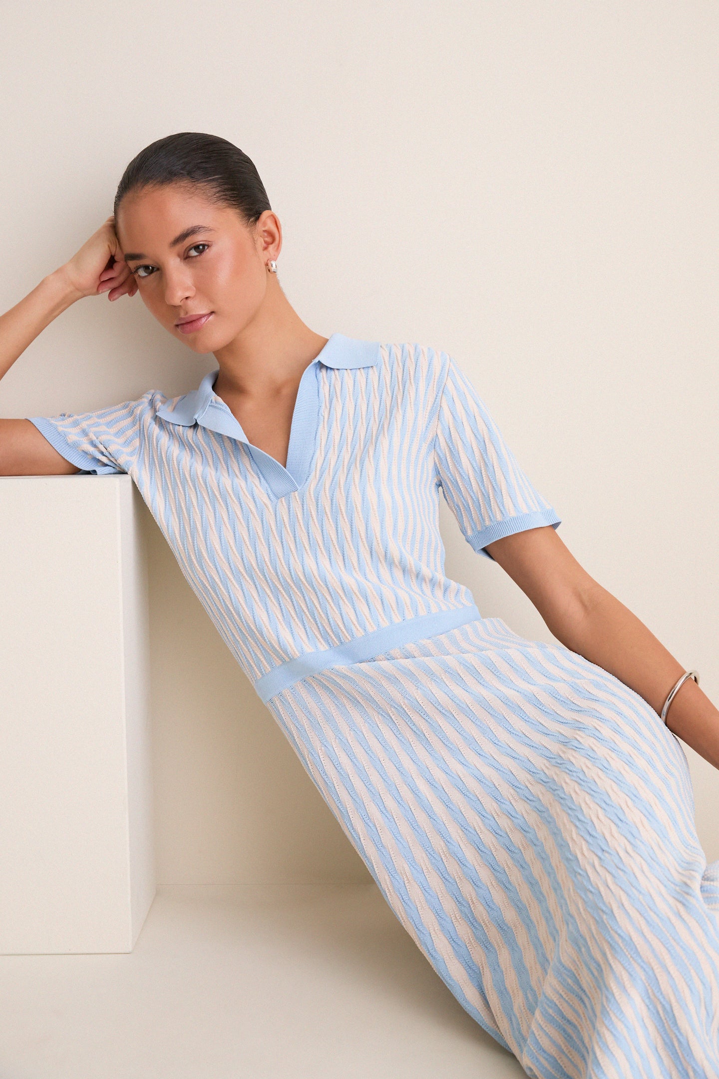 Light Blue and Ivory Knit Maude Polo Dress