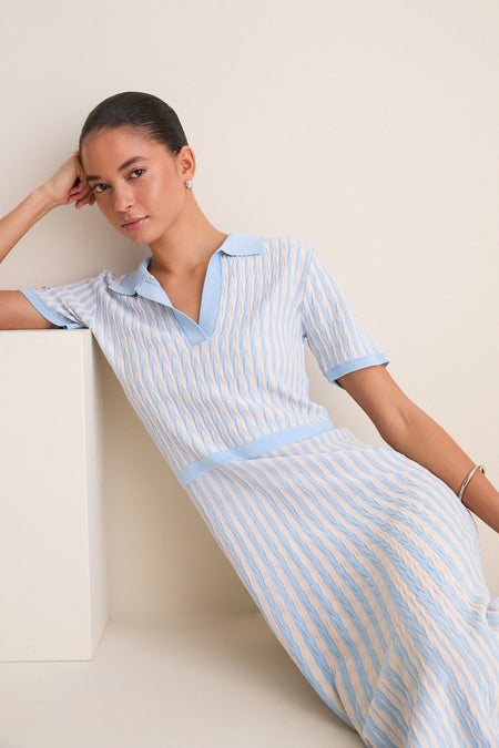 Light Blue and Ivory Knit Maude Polo Dress