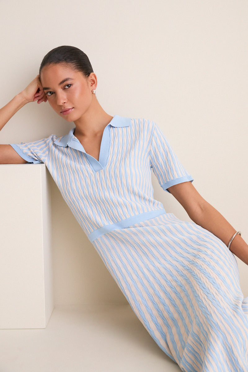 Light Blue and Ivory Knit Maude Polo Dress