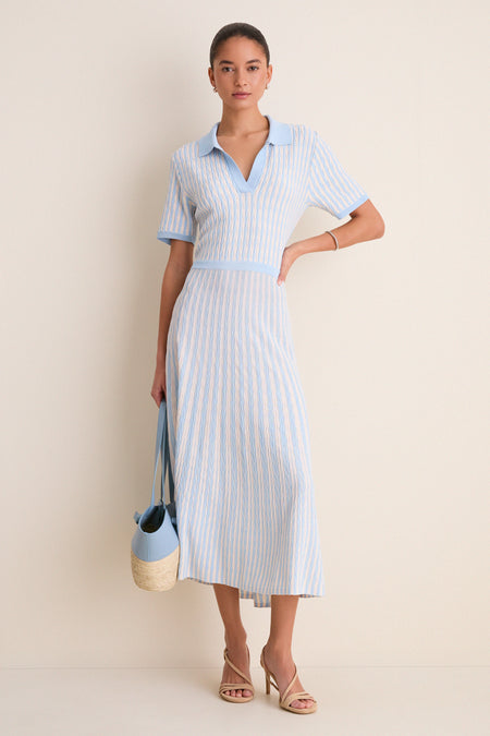 Light Blue and Ivory Knit Maude Polo Dress