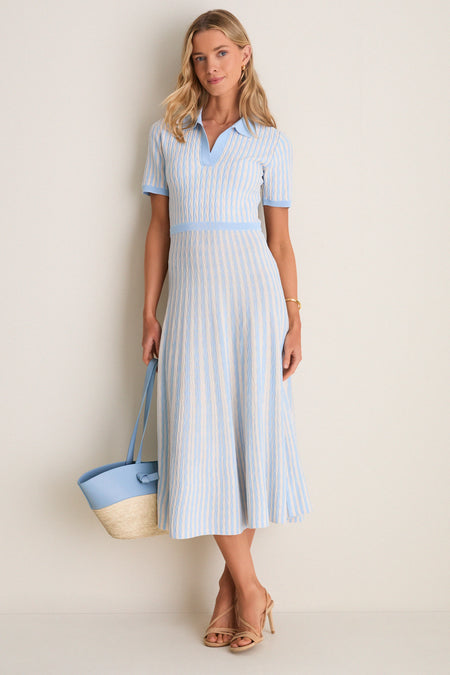 Light Blue and Ivory Knit Maude Polo Dress