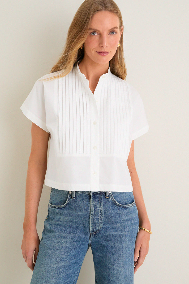 White Cotton Poplin Pintuck Avery Shirt