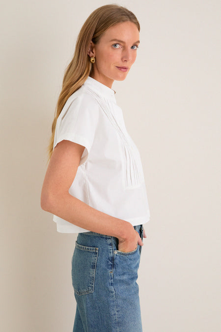 White Cotton Poplin Pintuck Avery Shirt