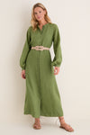 Cedar Green Button Down Granier Dress worn by model, features classic olive-green maxi design, effortless fit, braided belt, perfect for day-to-night elegance.