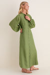 Cedar Green Button Down Granier Dress: A classic, effortless maxi dress with a button-front, featuring full sleeves, a removable belt, and a high-end relaxed fit.