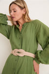 Cedar Green Button Down Granier Dress: A classic, high-end piece featuring effortless style with a relaxed fit and braided belt, perfect for fun day-to-night transitions.