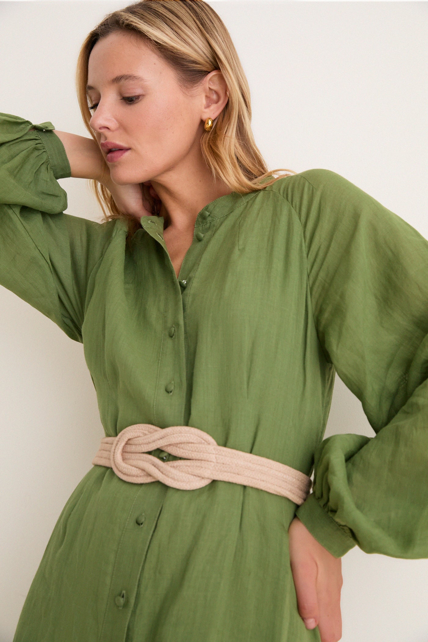 Cedar Green Button Down Granier Dress: A classic, high-end piece featuring effortless style with a relaxed fit and braided belt, perfect for fun day-to-night transitions.