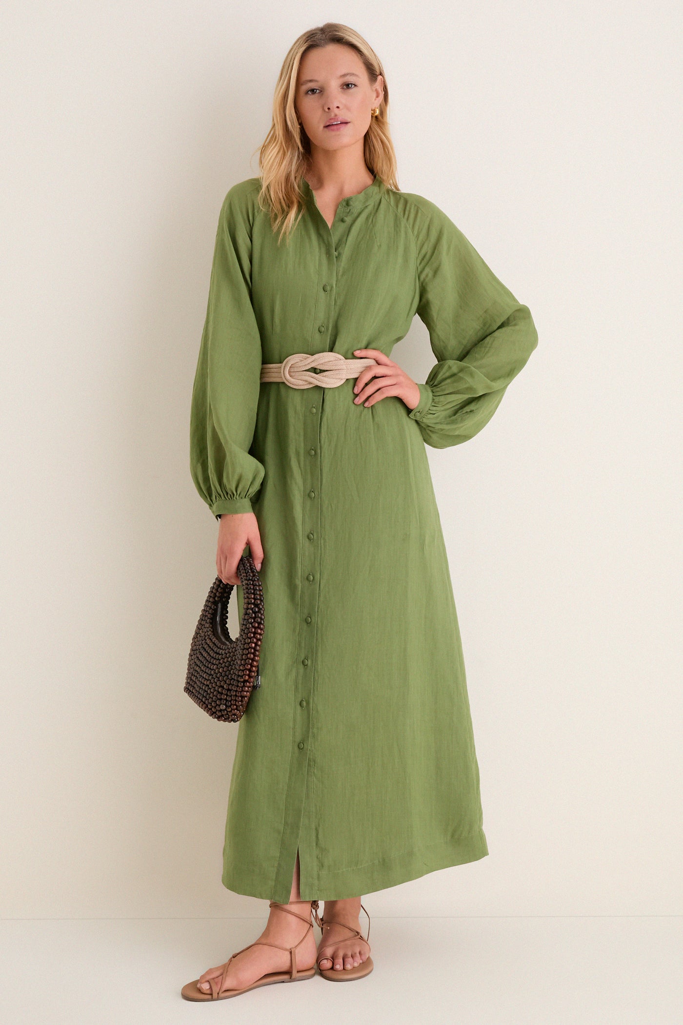 Cedar Green Button Down Granier Dress: A classic, high-end olive-green dress with button-front, relaxed fit, and removable belt, exuding effortless style and fun elegance.