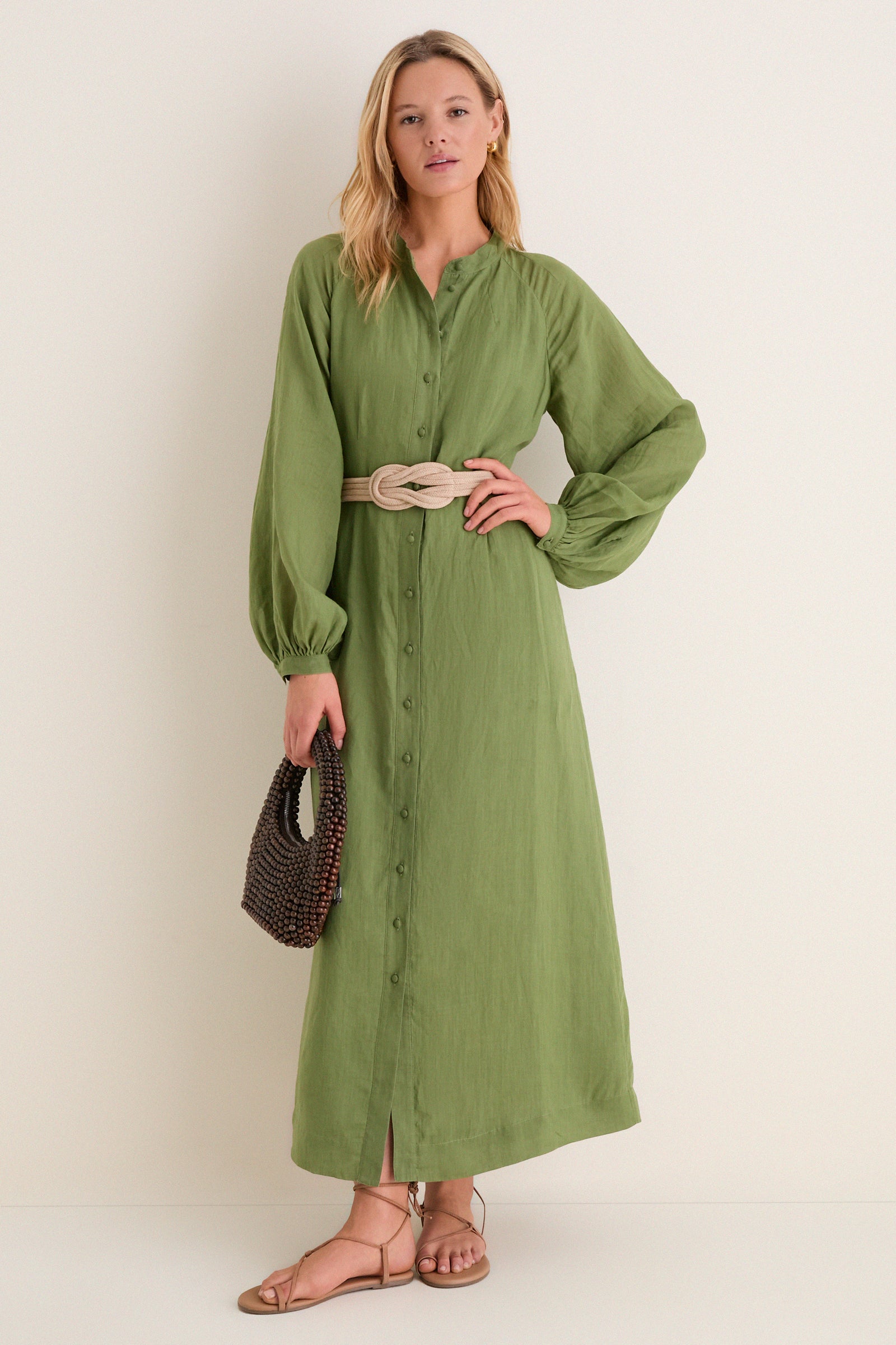 Cedar Green Button Down Granier Dress: A classic, high-end olive-green dress with button-front, relaxed fit, and removable belt, exuding effortless style and fun elegance.