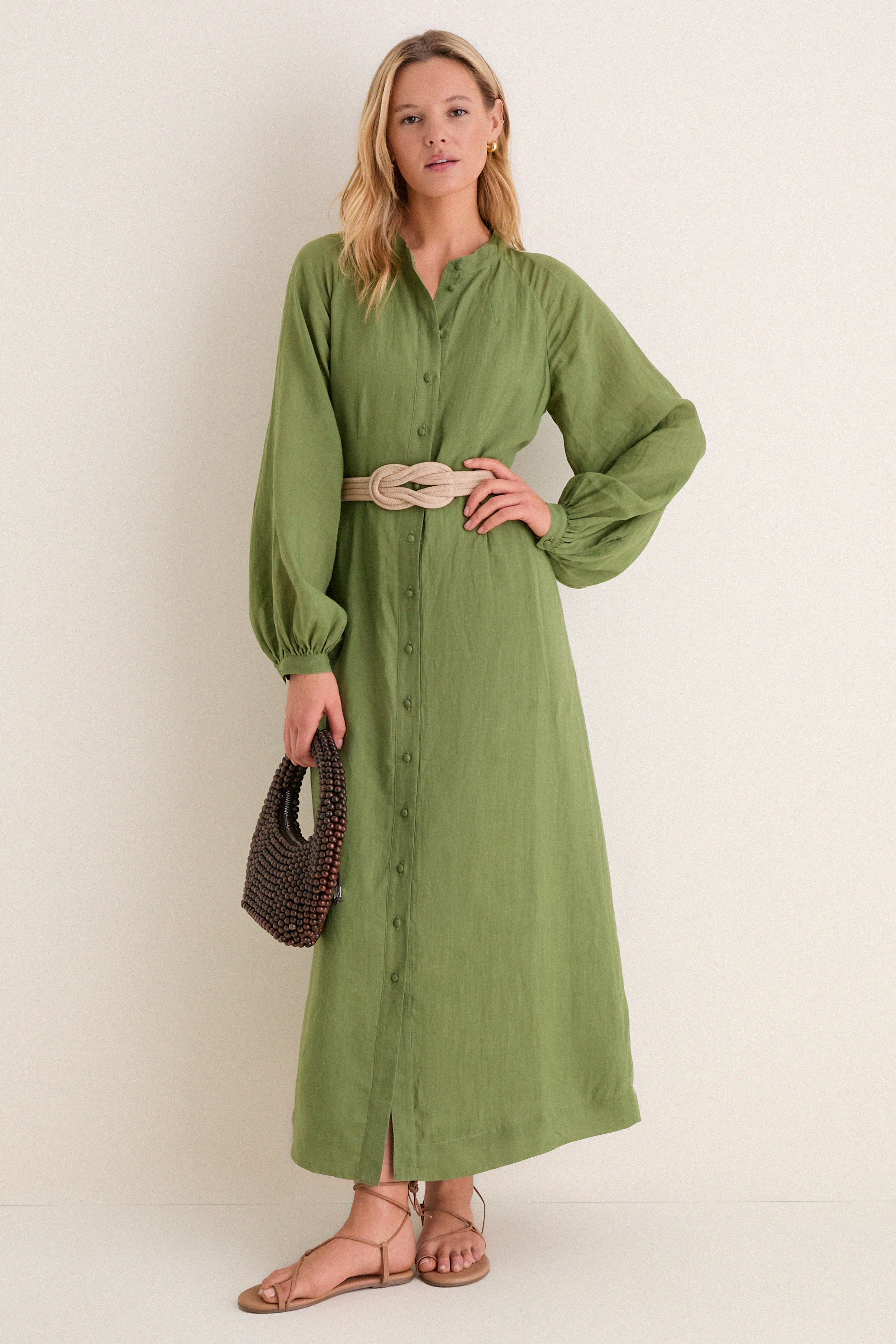 Cedar Green Button Down Granier Dress: A classic, high-end olive-green dress with button-front, relaxed fit, and removable belt, exuding effortless style and fun elegance.