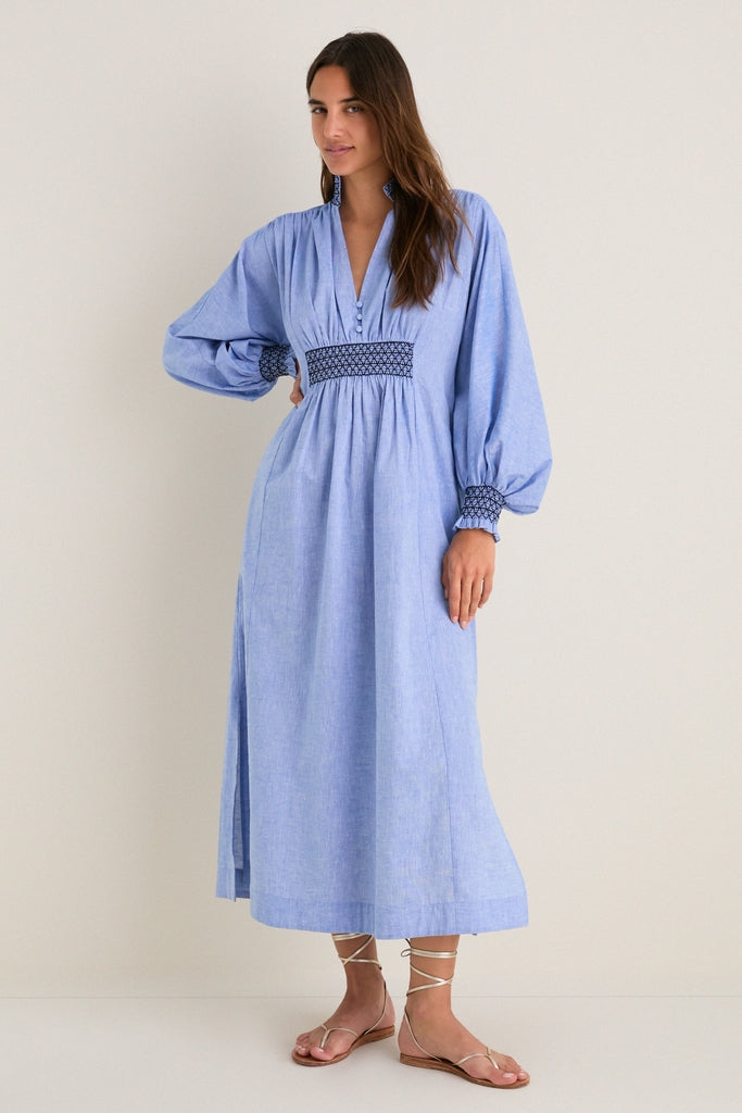 Chambray Embroidered Aubury Maxi Dress