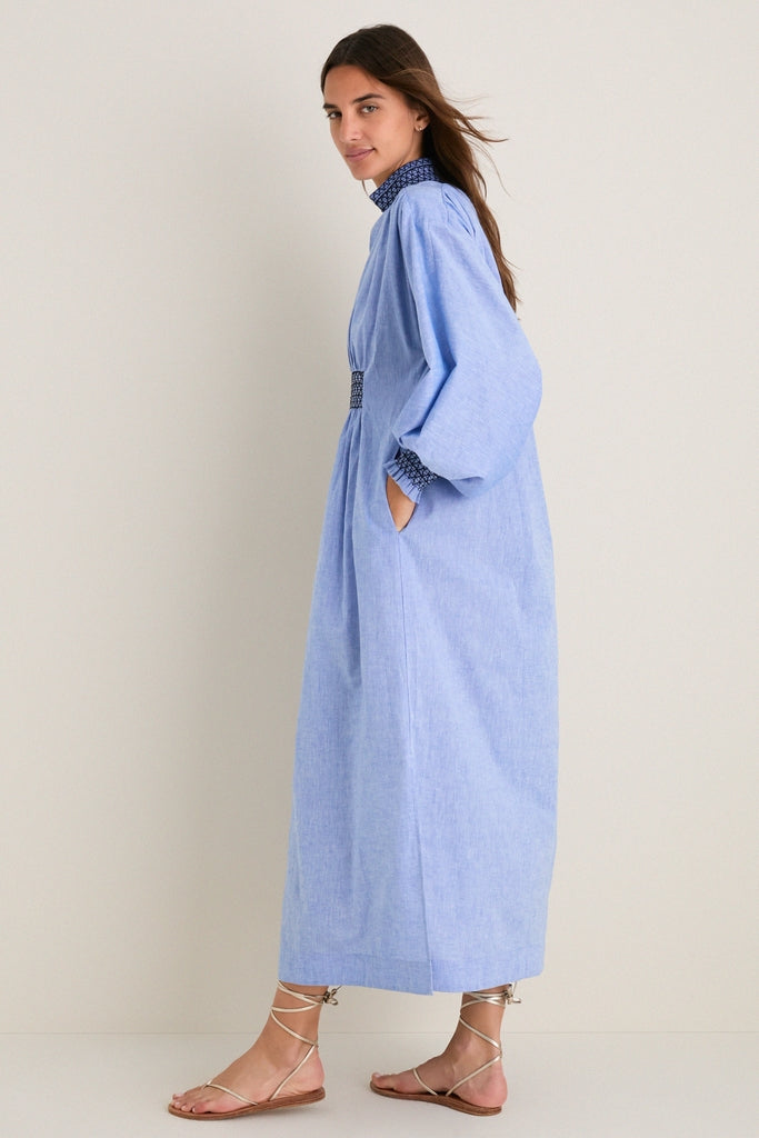 Chambray Embroidered Aubury Maxi Dress