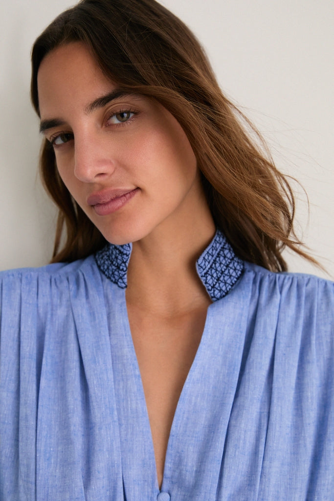 Chambray Embroidered Aubury Maxi Dress