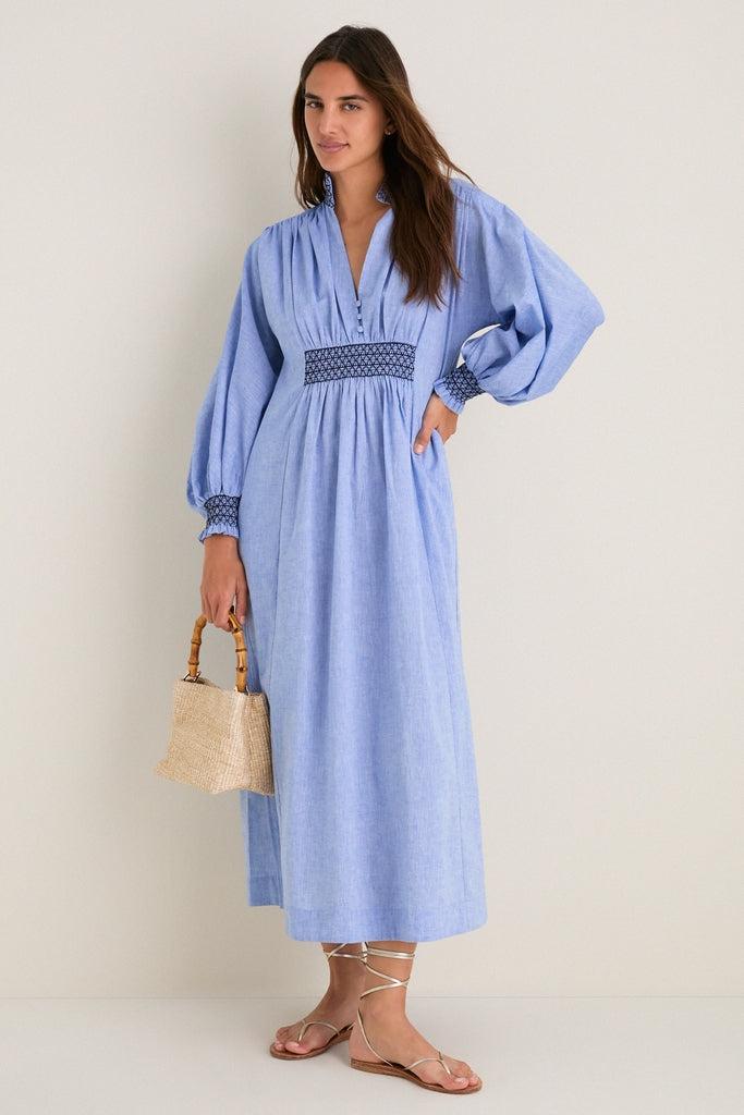 Chambray Embroidered Aubury Maxi Dress