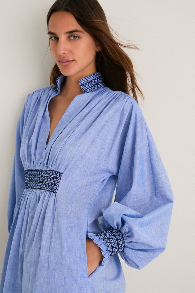 Chambray Embroidered Aubury Maxi Dress