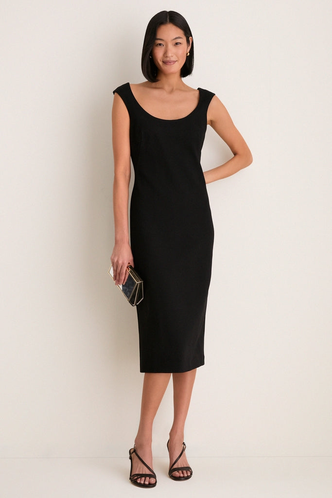 blue blazer black dress Tuckernuck Noir Crepe Romy Midi Dress Black / L