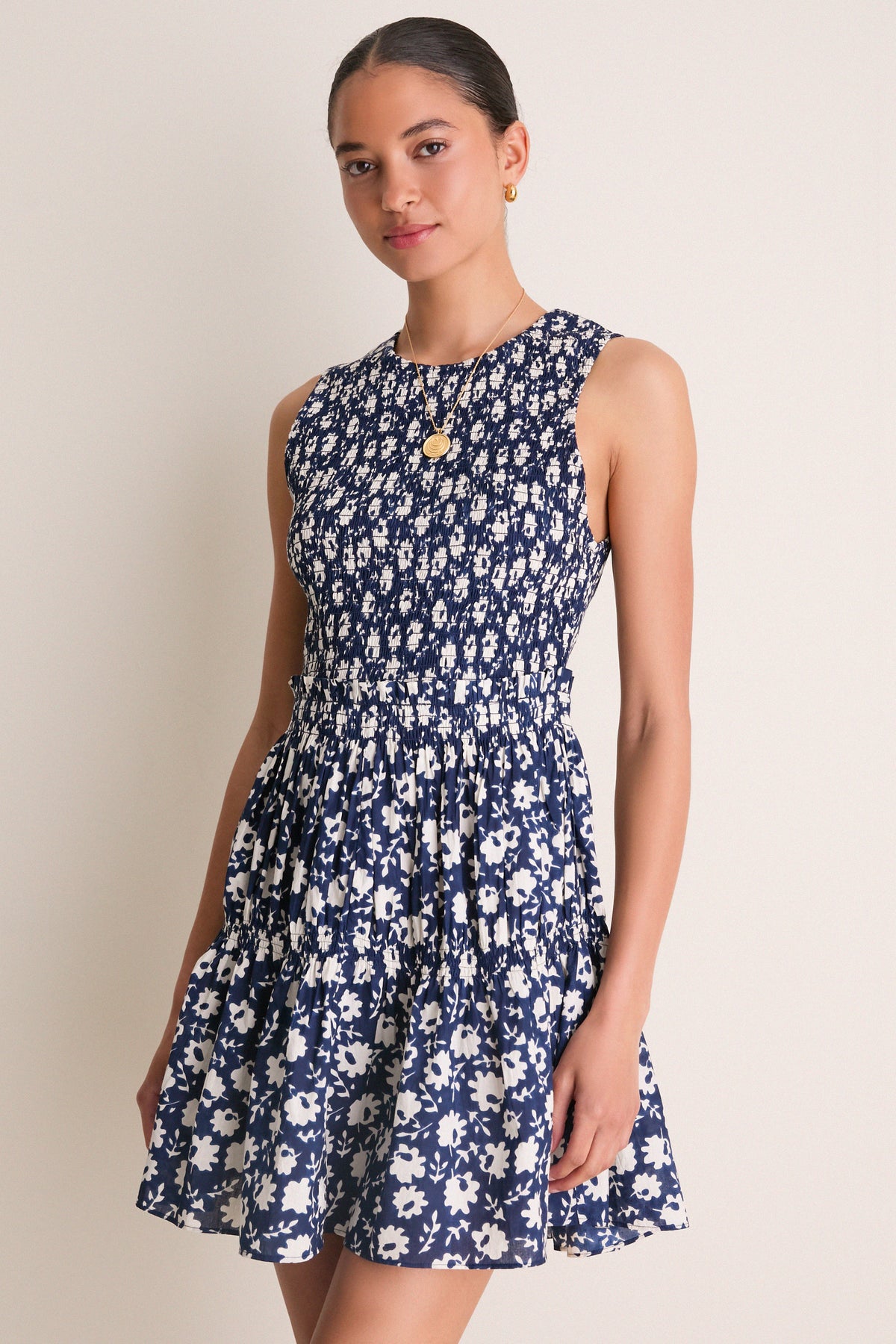 Navy Floral Stamp Lore Smocked Mini Dress