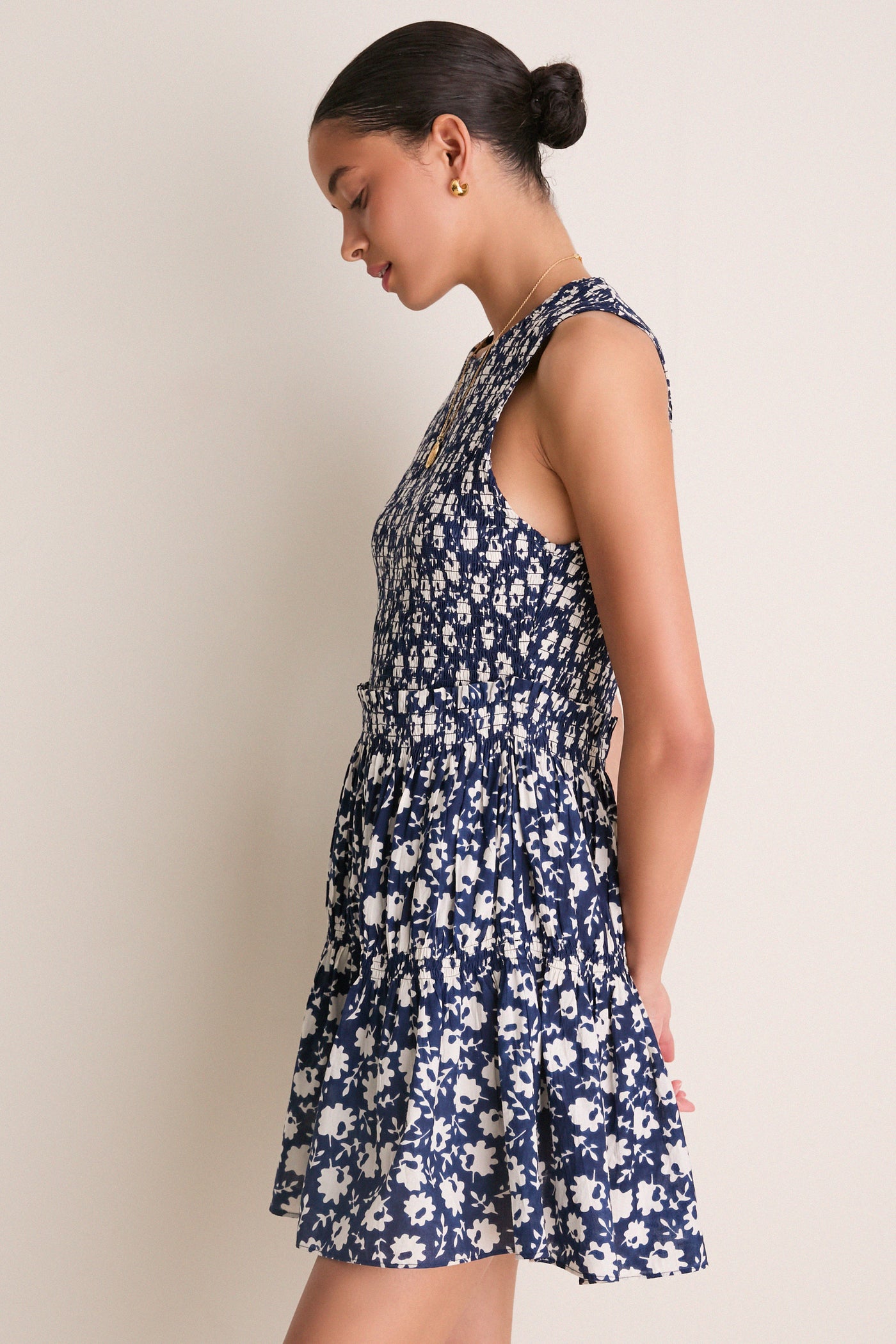 Navy Floral Stamp Lore Smocked Mini Dress