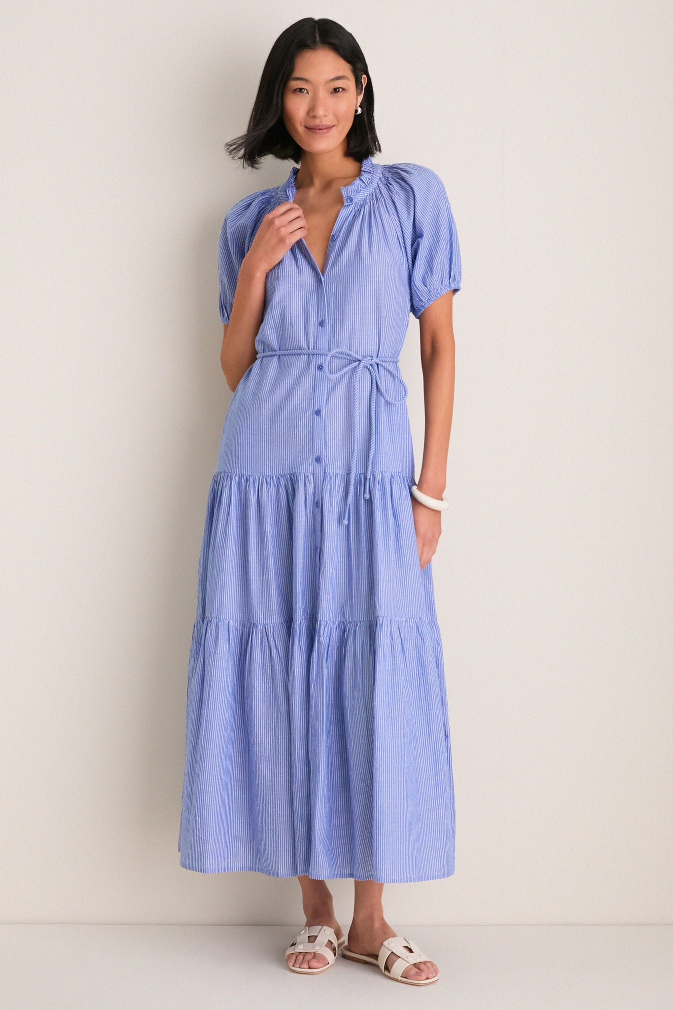 apiece apart pacifica maxi dress Microstripe Blue and Cream Mazza Maxi