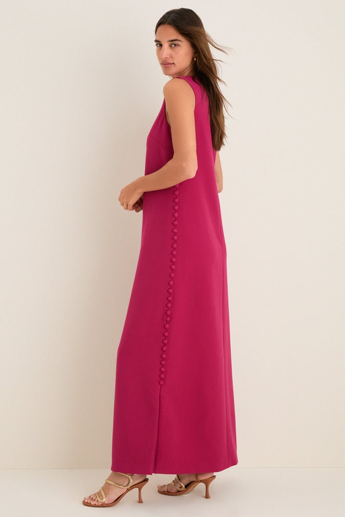 Raspberry Crepe Button Camille Maxi Dress