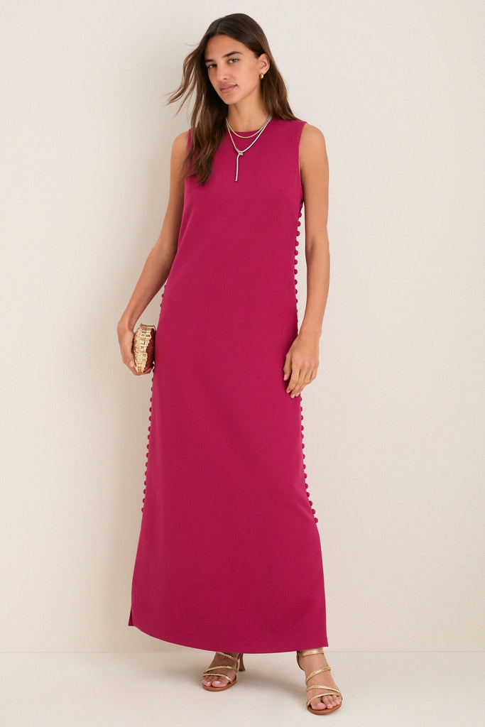 Raspberry Crepe Button Camille Maxi Dress