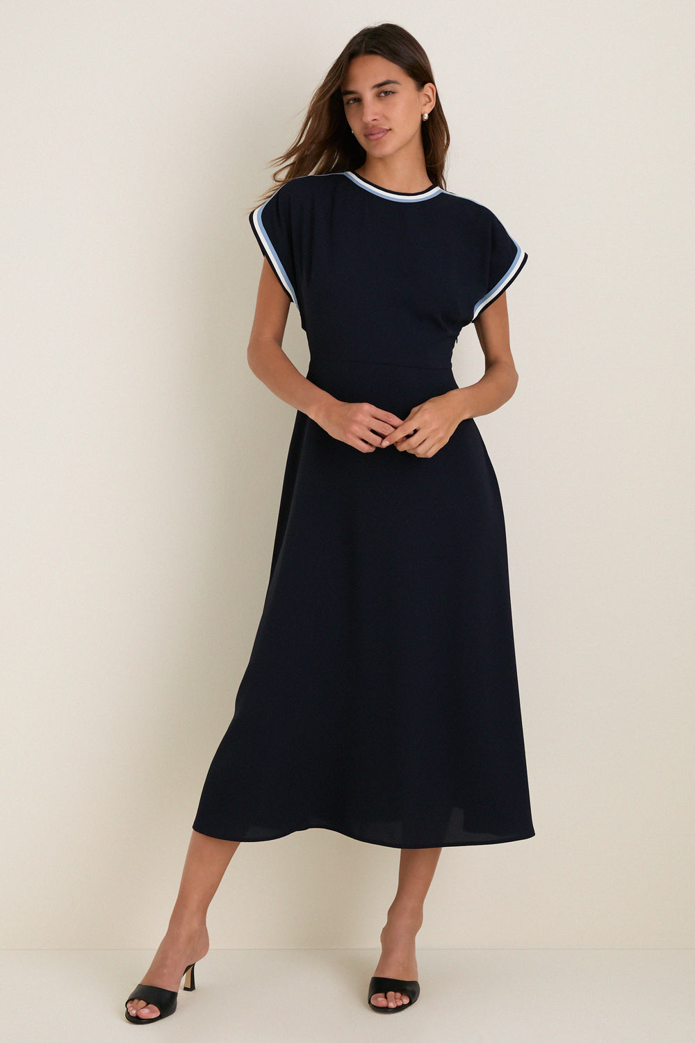 Navy Crepe Contrast Trim Sandrine Dress
