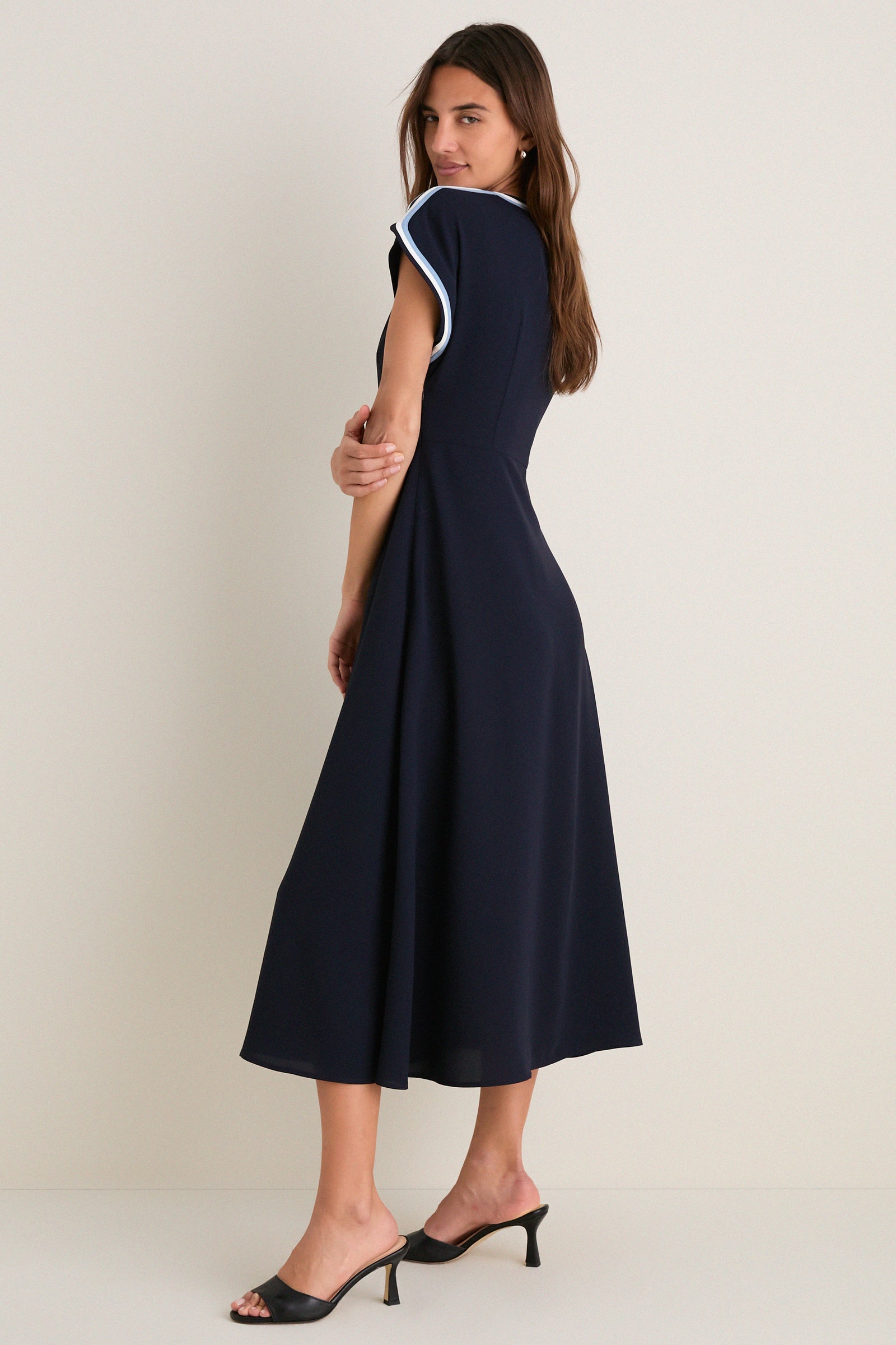 Navy Crepe Contrast Trim Sandrine Dress