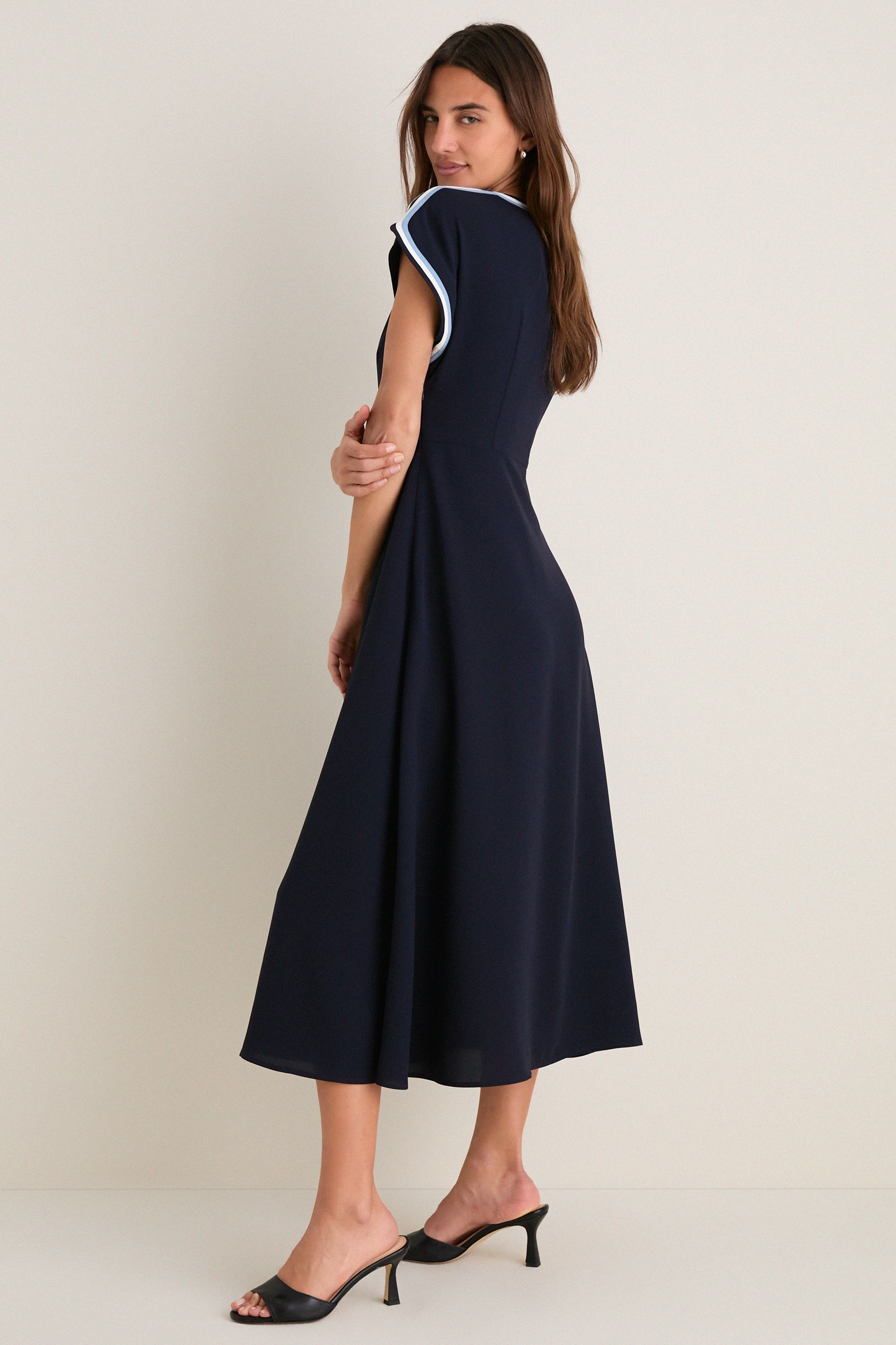 Navy Crepe Contrast Trim Sandrine Dress