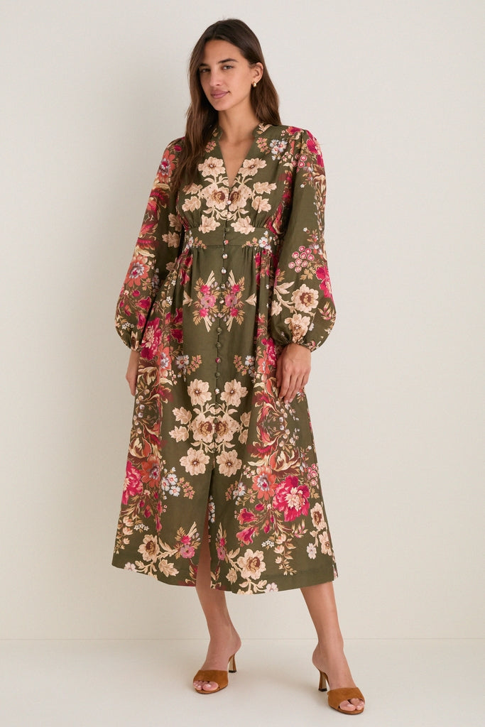 Olive Ornate Floral Serena Dress