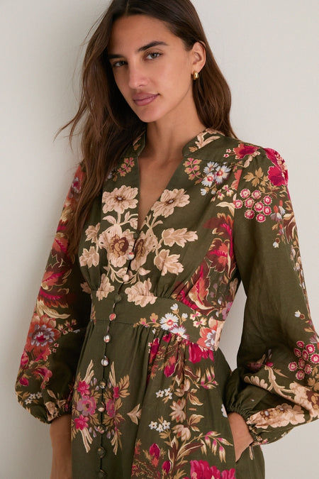 Olive Ornate Floral Serena Dress