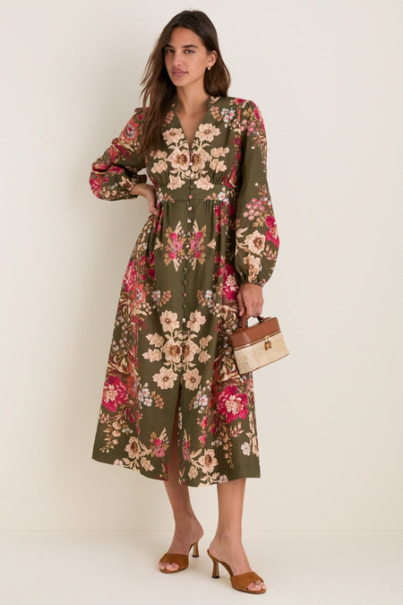 Olive Ornate Floral Serena Dress