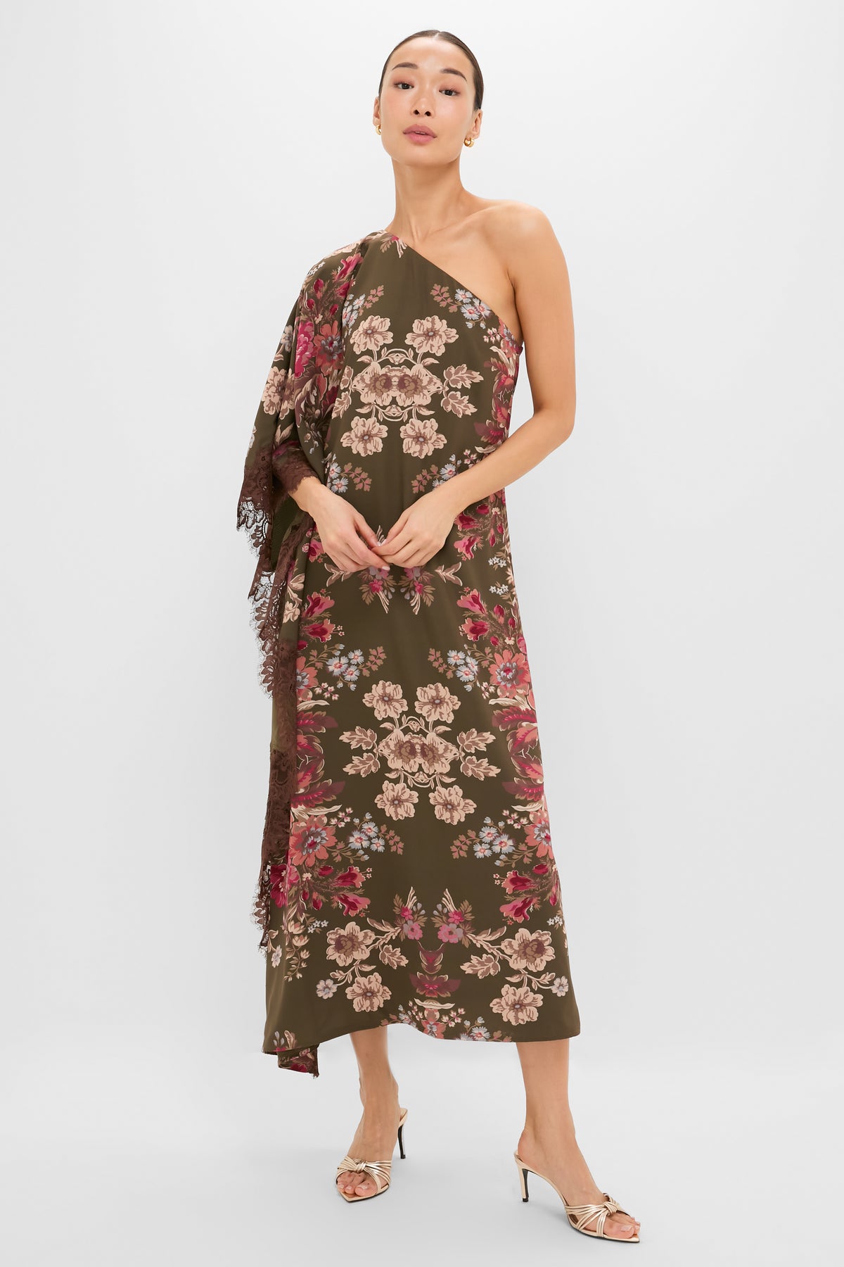 Olive Ornate Lace Floral One Shoulder Isla Dress