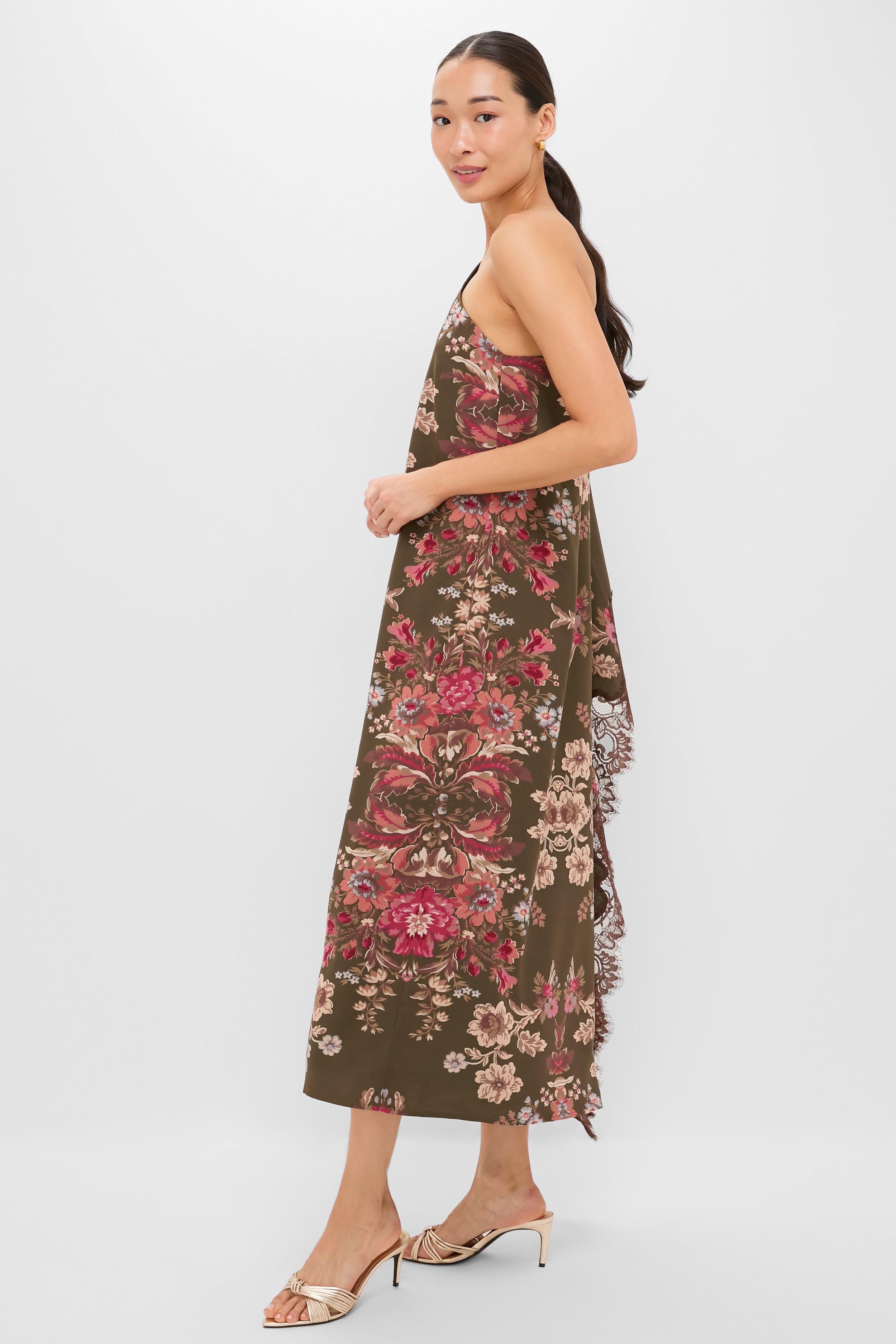 Olive Ornate Lace Floral One Shoulder Isla Dress