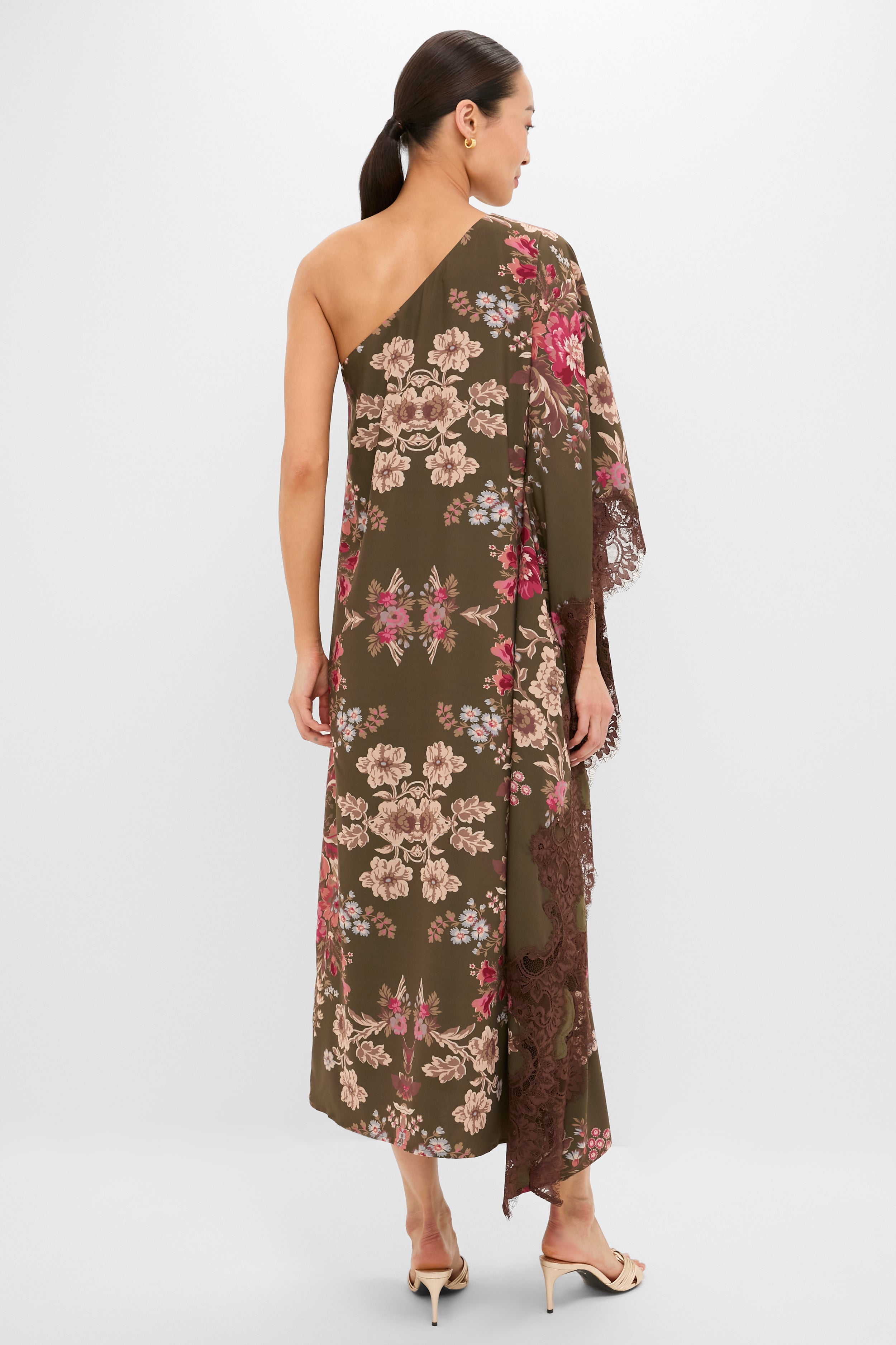 Olive Ornate Lace Floral One Shoulder Isla Dress
