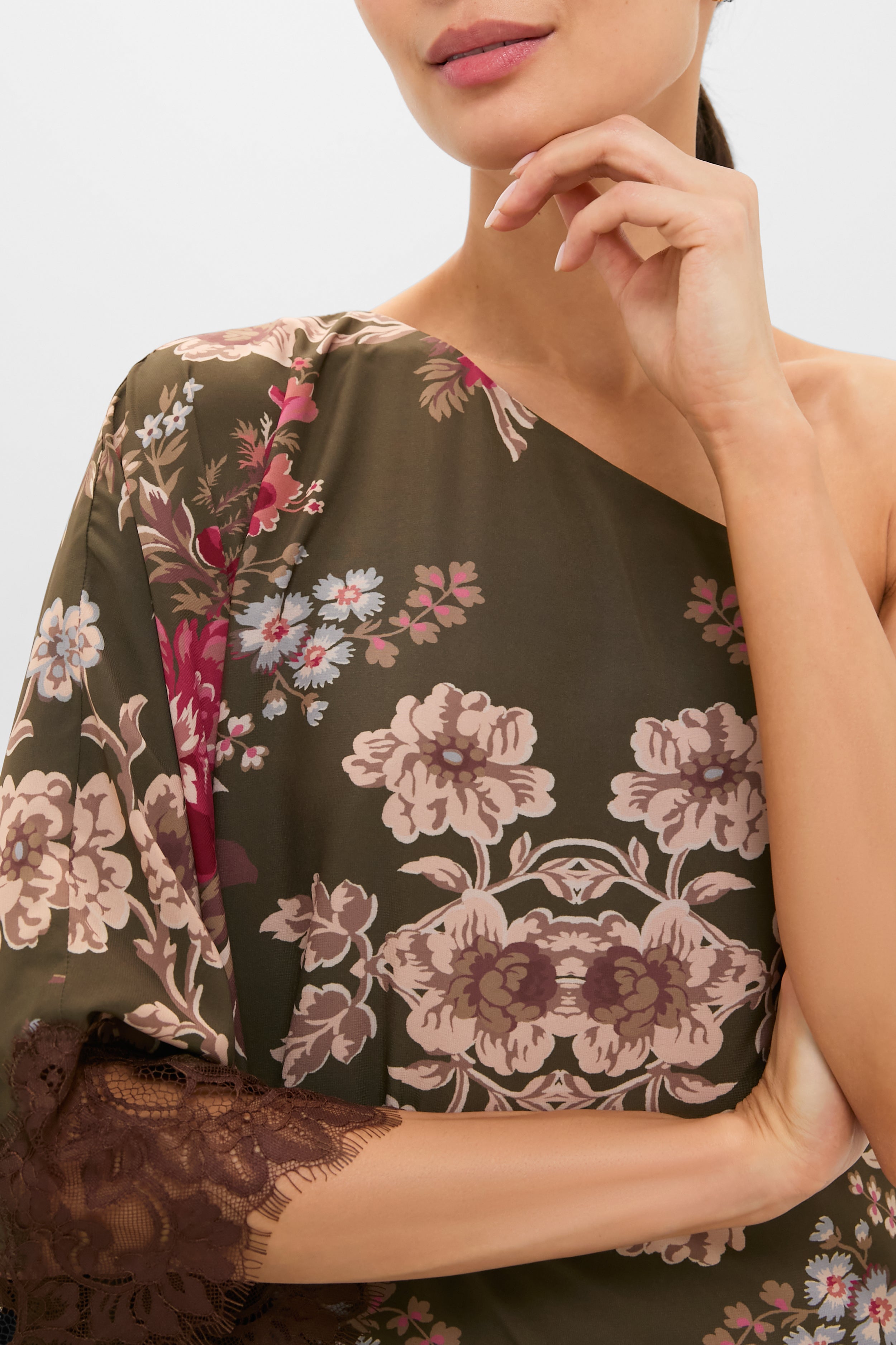 Olive Ornate Lace Floral One Shoulder Isla Dress