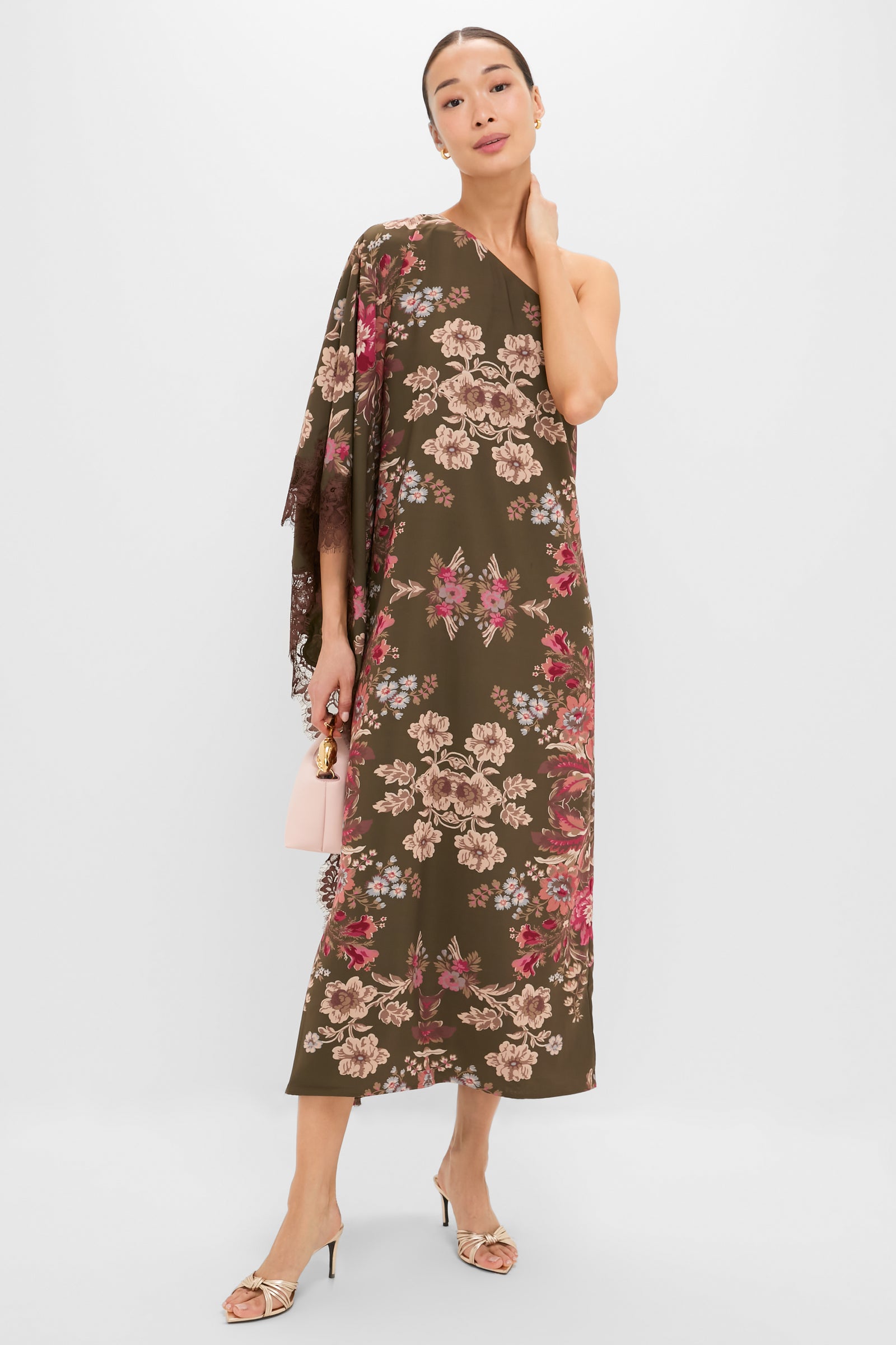 Olive Ornate Lace Floral One Shoulder Isla Dress