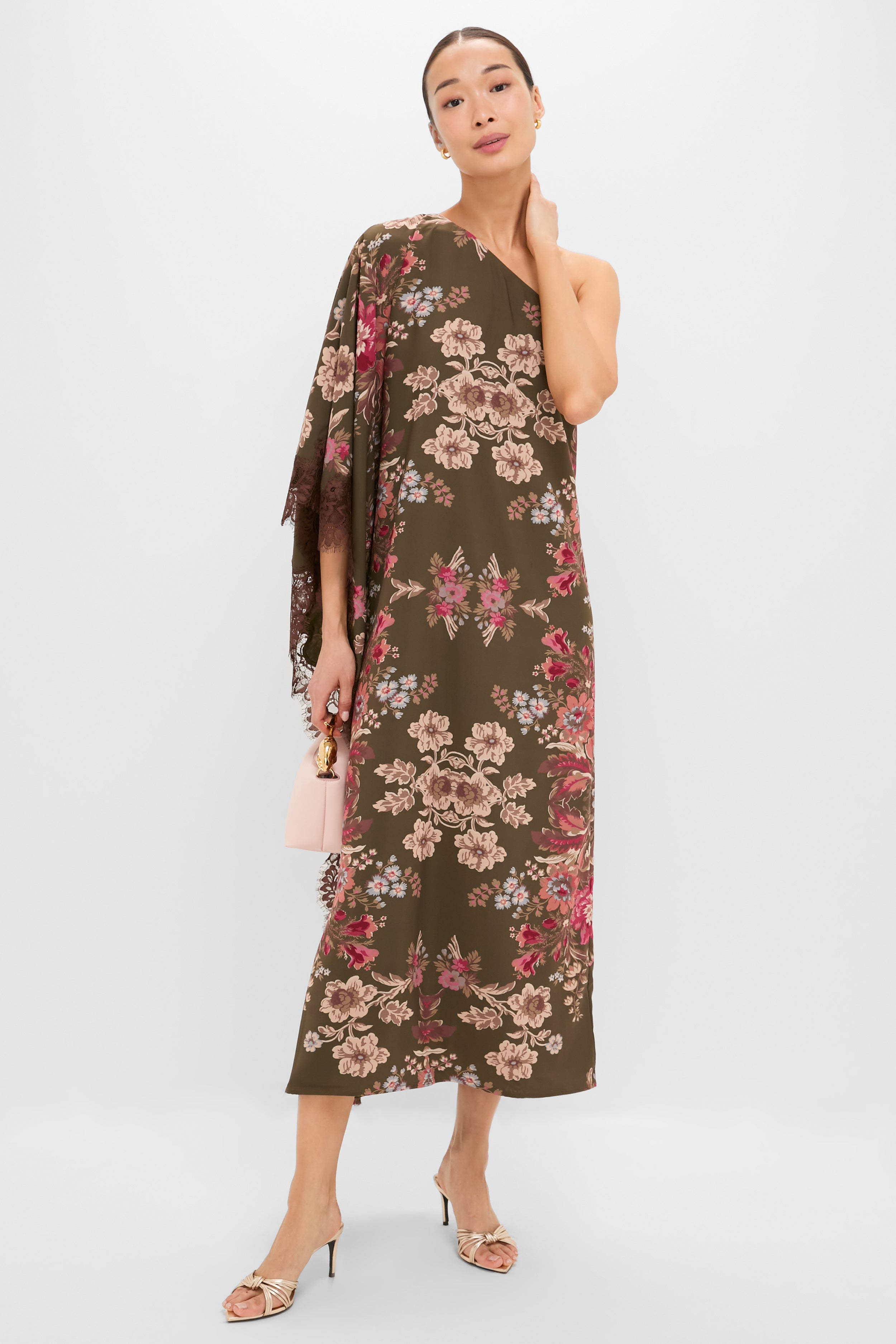 Olive Ornate Lace Floral One Shoulder Isla Dress