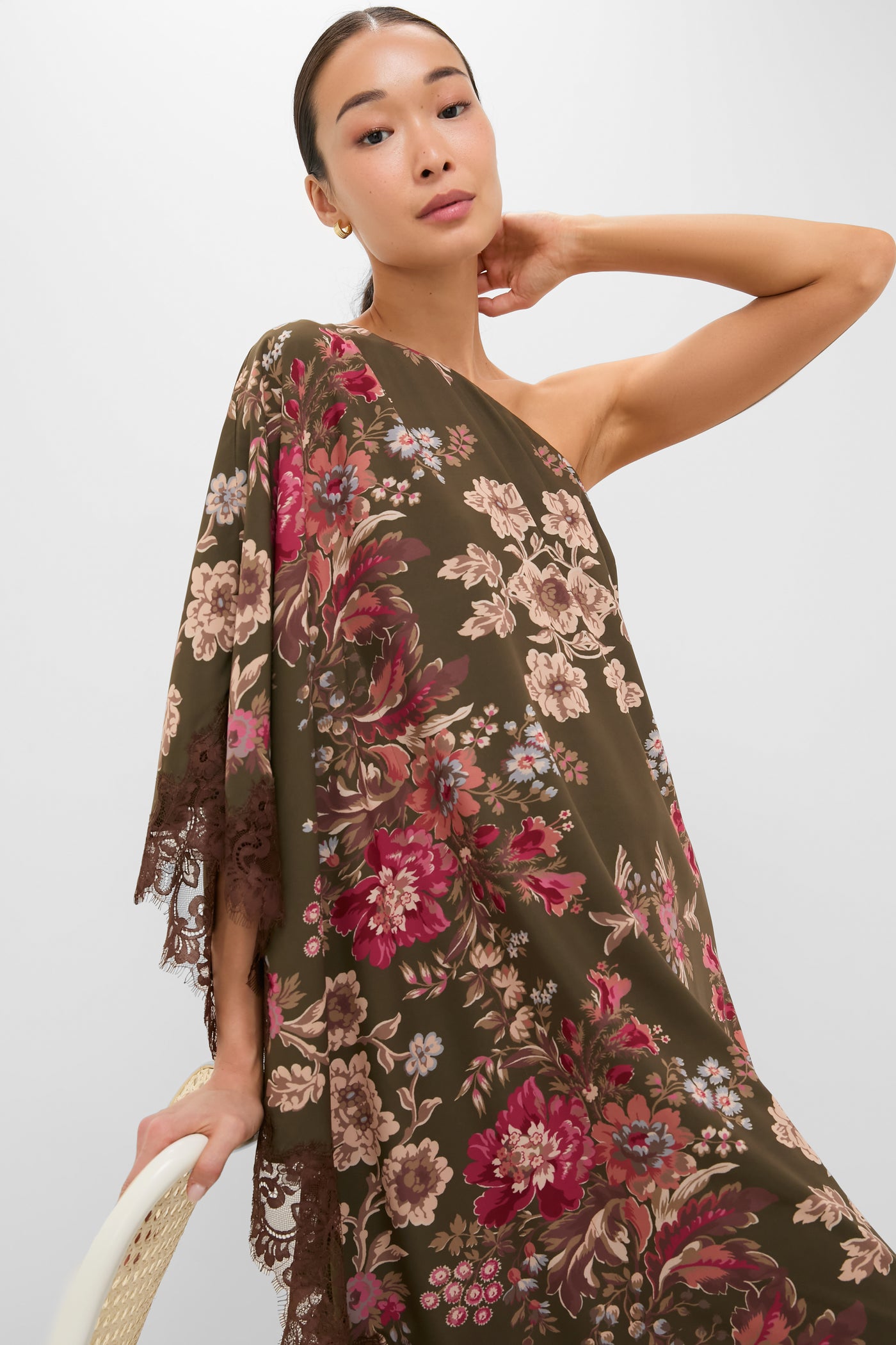 Olive Ornate Lace Floral One Shoulder Isla Dress