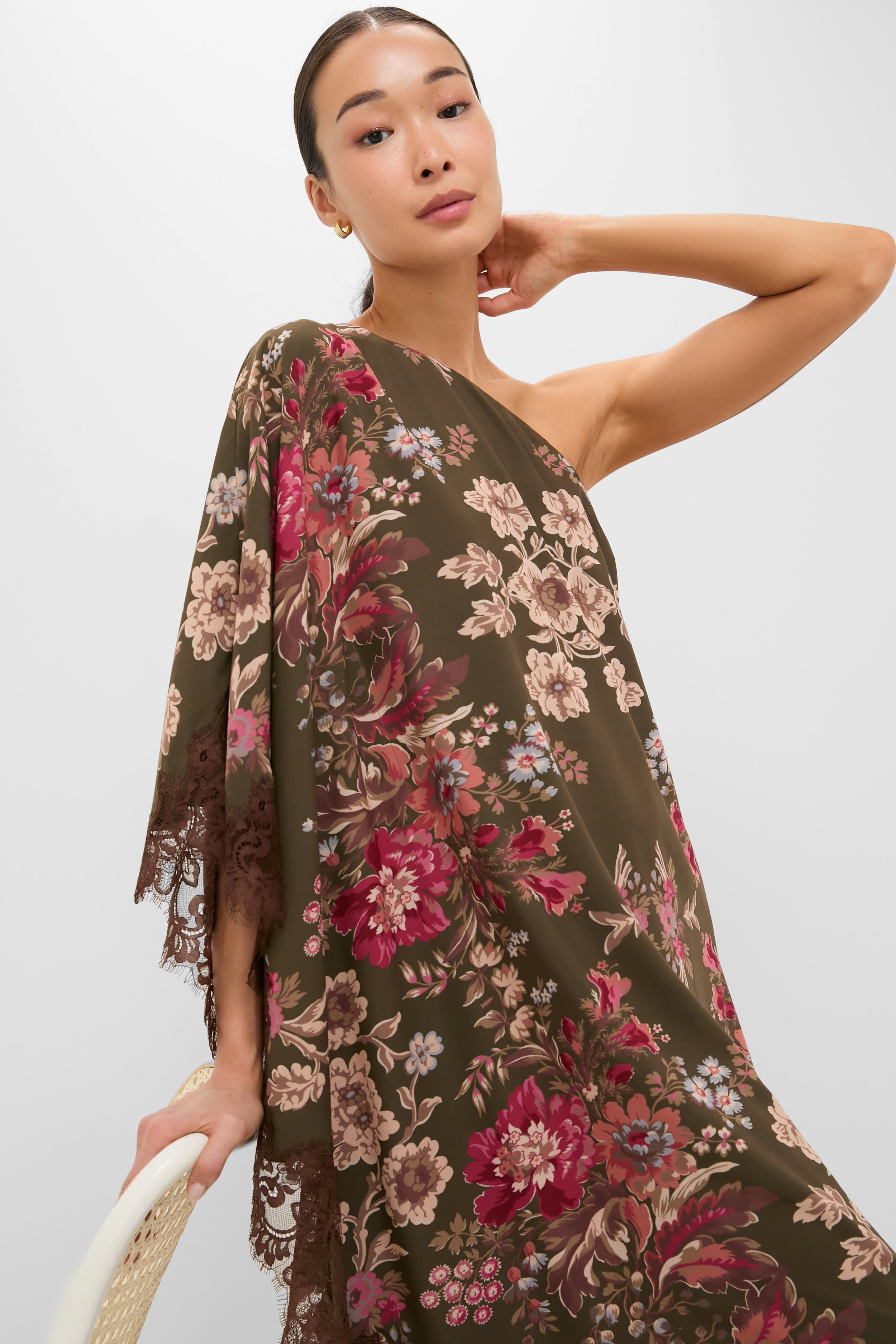 Olive Ornate Lace Floral One Shoulder Isla Dress