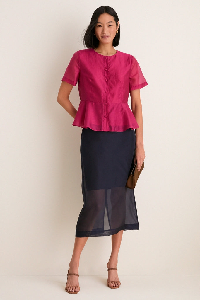 Raspberry Organza Peplum Sylvette Blouse